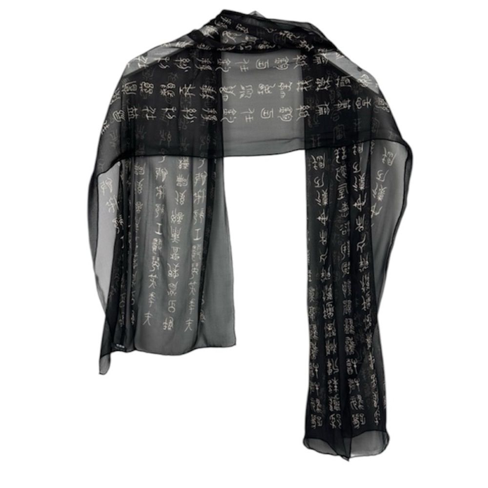 100% Silk Sheer Black Writing Artsy Scarf